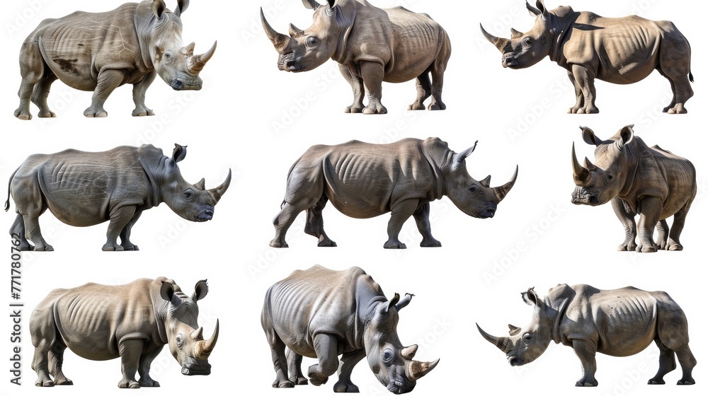 Cute photo realistic animal rhino set collection. Isolated on white background