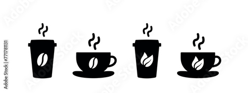 coffee and tea cup, black vector icon set, hot beverage sign, mug and paper cup