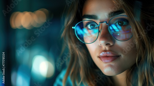 Diligent Work: Beautiful Woman with Glasses Working Late into the Night, Space For Text