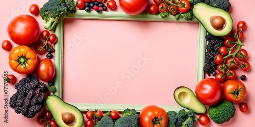 Variety of vegetables and fruits. Top view with blank copy space for text.