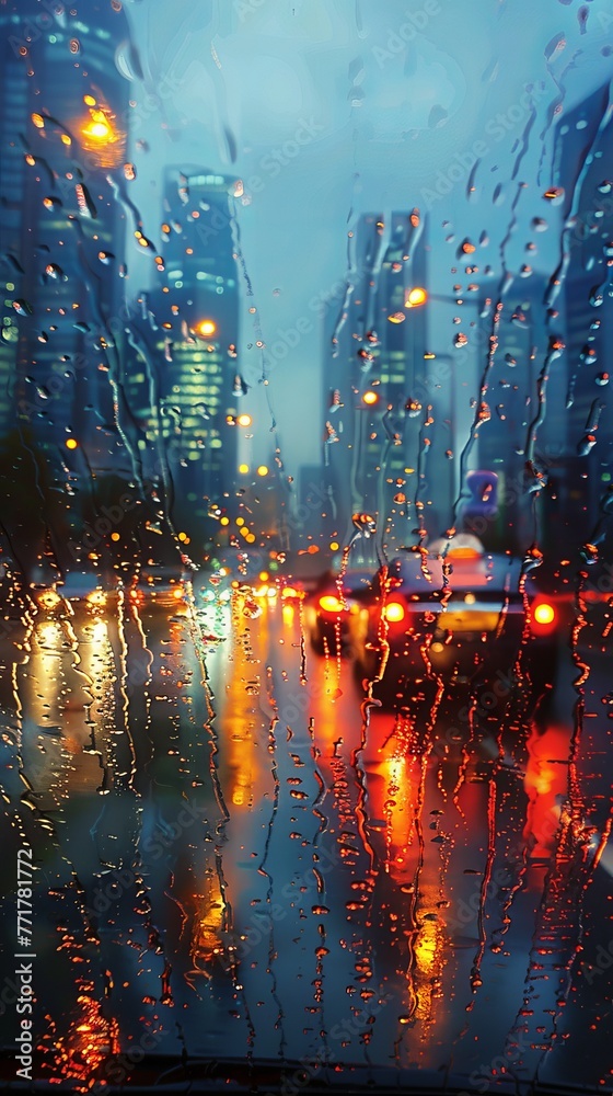 City Street Through Rainy Windshield