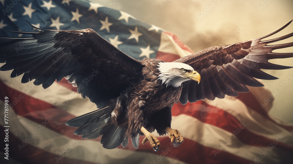 The national symbol of the USA. Eagle flying with USA flag in the background. Digital art. - obrazy, fototapety, plakaty 