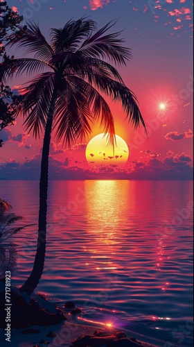 Vibrant Sunset Behind a Palm Tree