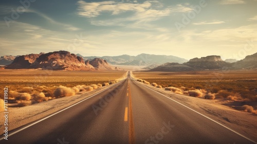 Panorama view of an endless straight road running through the barren scenery of the American Southwest with extreme heat haze on a beautiful hot sunny day with blue sky in summer © May