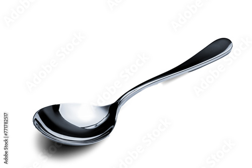 Shining silver spoon on white background. Kitchen utensil, tableware.