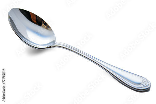 Shining silver spoon on white background. Kitchen utensil, tableware.