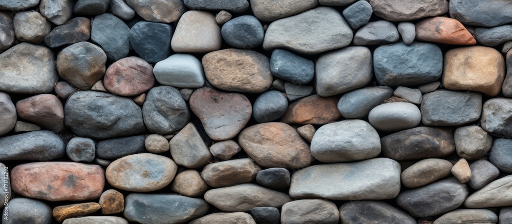 A stone wall made of rocks of various sizes and colors creates a stunning pattern, showcasing the beauty of natural materials as a building material in flooring and bedrock art
