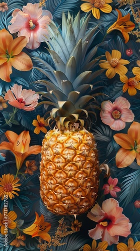 Pineapple Surrounded by Flowers