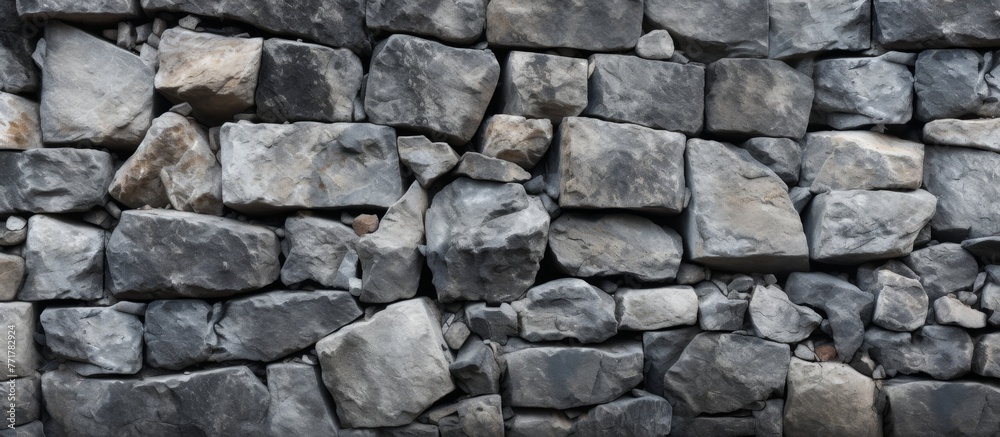 A detailed closeup of a stone wall constructed with large rocks, showcasing the intricate patterns and textures of the building material A detailed closeup of a stone wall constructed with large rocks, showcasing the intricate patterns and textures of the building material