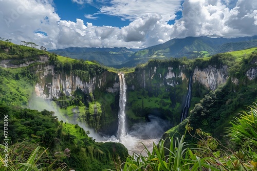 Unique Panoramic View San Rafael Waterfall In Ecuador
