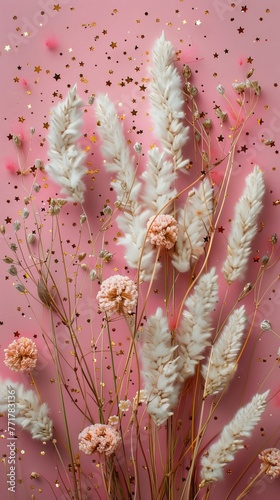 Pink Flowers and Gold Flakes on Pink Background