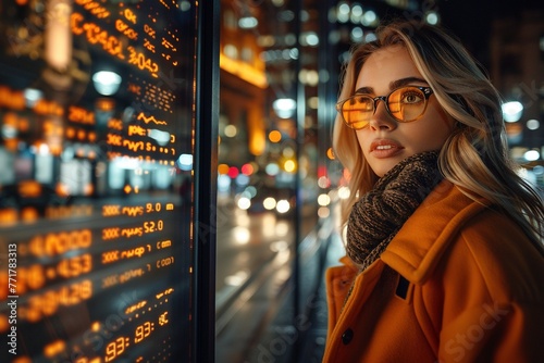 A woman gazes in awe: A detailed close-up captures a woman's face as she stands mesmerized by a captivating deep space projection displayed across the four walls of an immersive cube