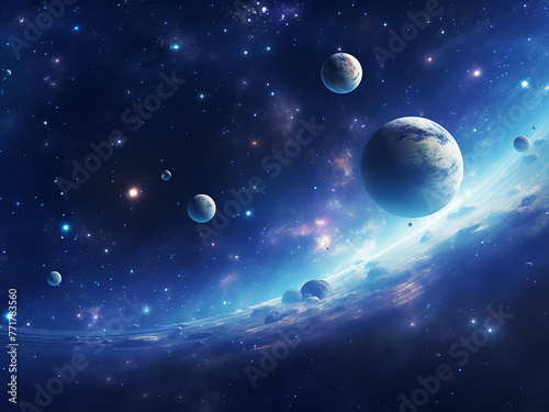 Planets amidst the galaxy. AI Generation. © Llama-World-studio
