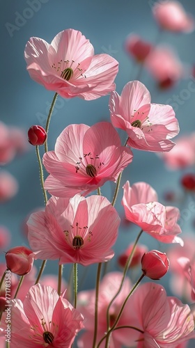 Pink Flowers Against Blue Background