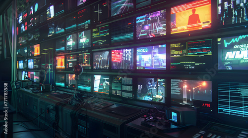 Futuristic interior of computer room with many screens