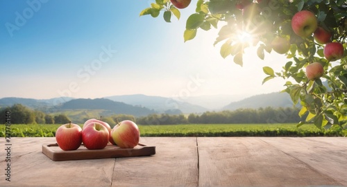 Fresh apples on table, garden background. Autumn harvest photo