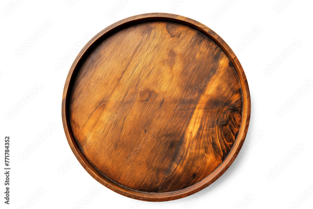 Handmade Wooden Tray for serving food, top down view, white background Handmade Wooden Tray for serving food, top down view, white background