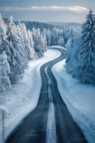 Snowy Country Road Aerial Vie, road adventure, path to discovery, holliday trip, Aerial view