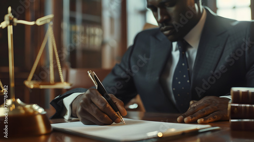 African american male lawyer signing contract in courtroom. Law, attorney, legal services concept