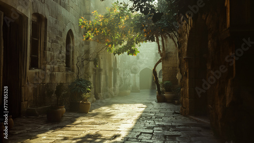 A back alley in an ancient city like Bethlehem, Jerusalem or Rome with a small tree giving shade and pleasant flavor of green. Empty scene. 