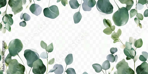 Watercolor banner with green eucalyptus leaves and branches on transparent. Spring or summer flowers for invitation, wedding or greeting cards photo