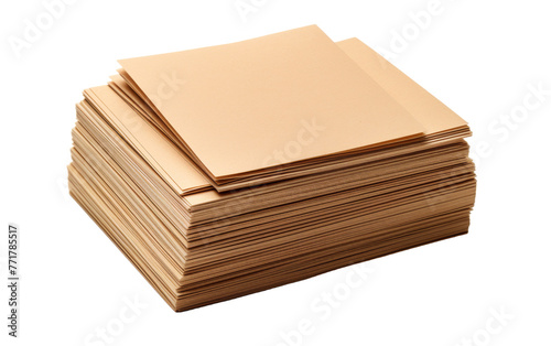 A tall stack of brown paper sheets resting on a clean white surface