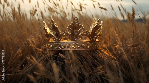 A Golden crown of a memorable warrior King. A symbol of harvest and prosperity. Gold crown. Closeup of wheat. photo