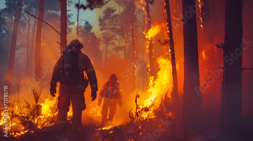 Firefighters extinguish fire in pine forest © Andsx