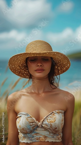 Woman in Straw Hat Standing in Field