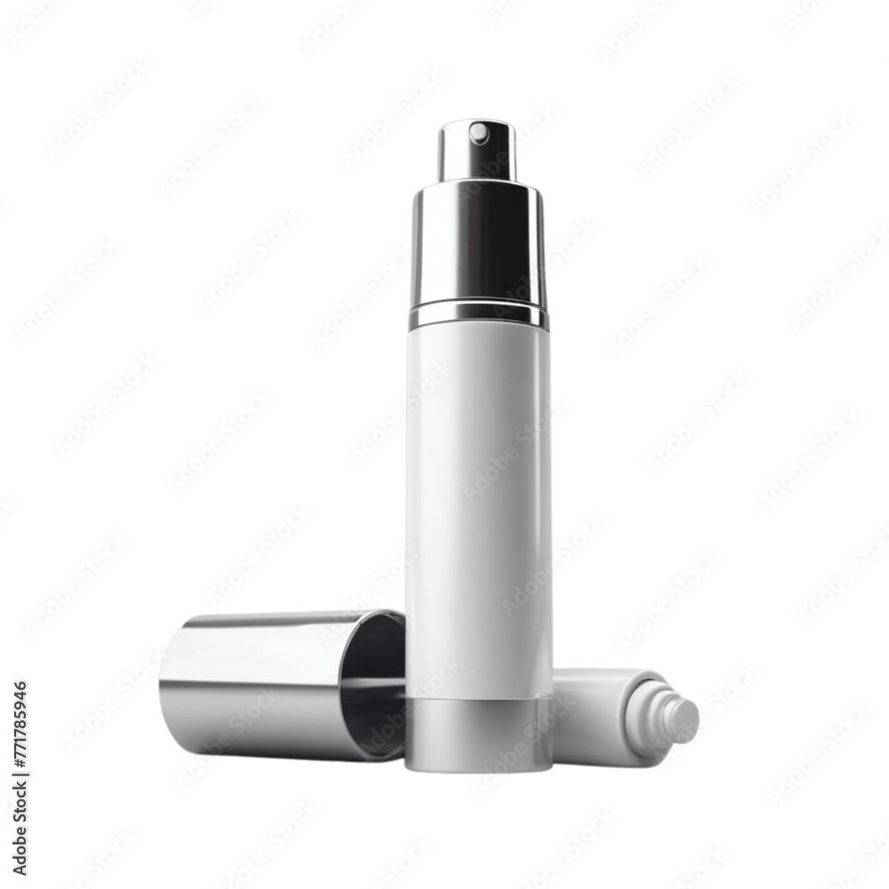 a silver material plastic cosmetic bottle with spray on Isolated transparent background png. generated with AI