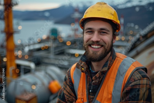 Portrait of a male employee on oil platform at sea. A young confident smiling man in bright uniform and safety hard hat standing at the edge of oil rig platform.