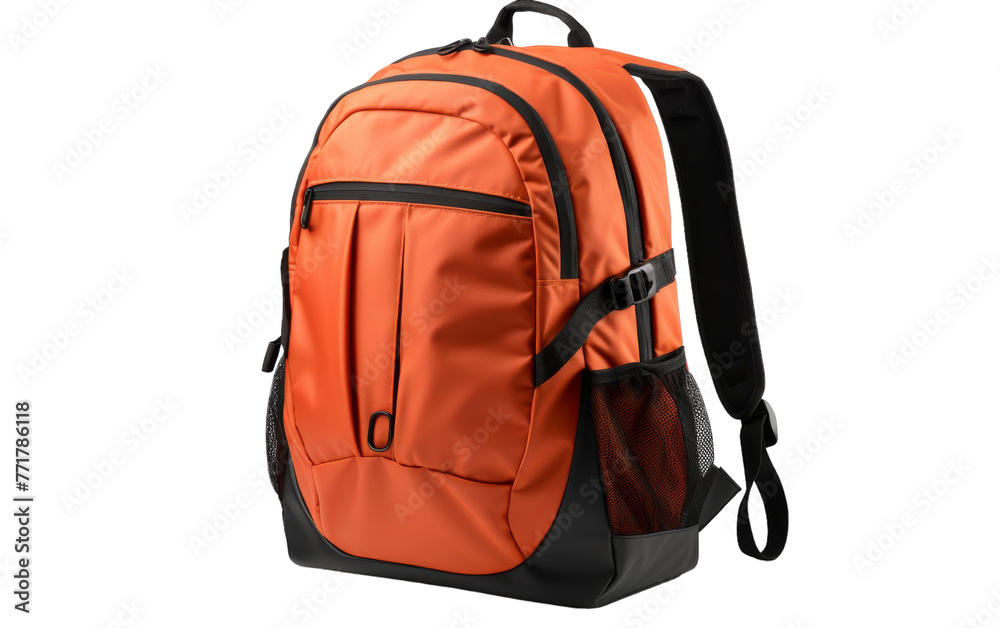 Vibrant orange backpack with sleek black straps against a neutral backdrop Vibrant orange backpack with sleek black straps against a neutral backdrop