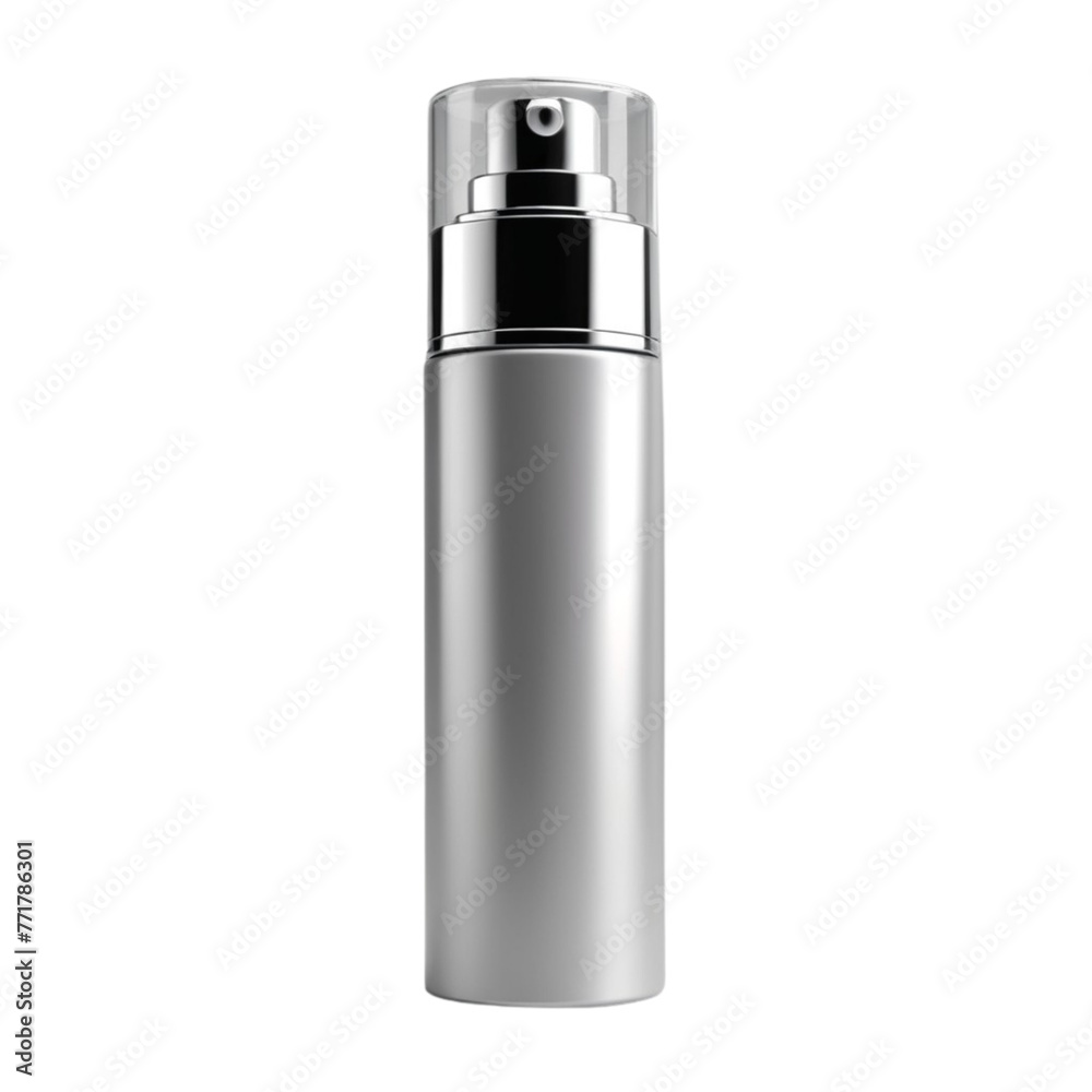 a silver material plastic cosmetic bottle with spray on Isolated transparent background png. generated with AI