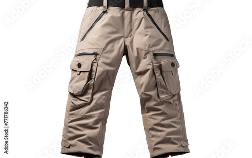 A pair of pants with a trendy belt gracefully laid on a white background