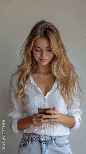 Woman in White Dress Looking at Cell Phone