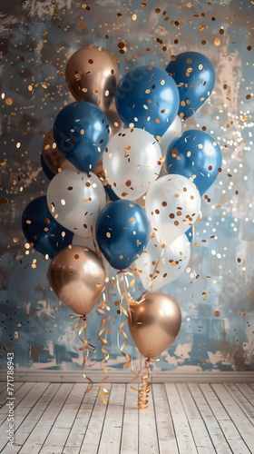 Floating Blue and Gold Balloons