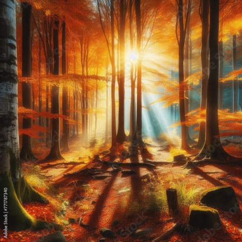 A vibrant autumn forest scene, filled with the colors of the season. The morning sun filters through the branches, casting golden rays that dance among the trees.