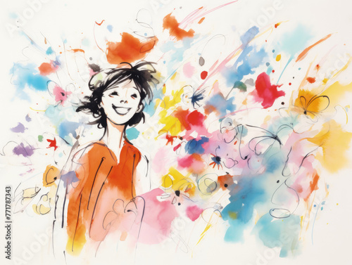 Doodle, scribble of happy woman, vivid bright children's drawing. Girl's power, feminism.