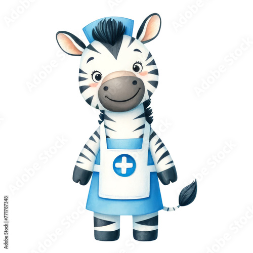 Watercolor cute zebra in nurse suit. Nurse day concept.