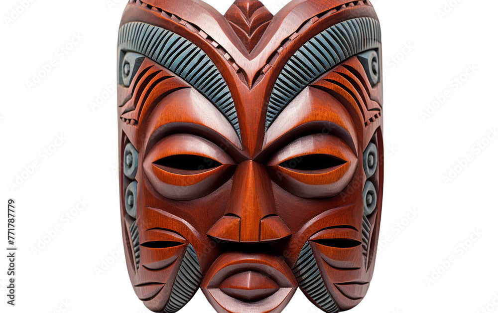 A captivating wooden mask stands alone against a stark white background