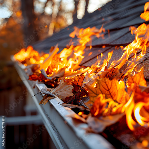 Leaves on fire in a home's roof gutters  © PixelHD