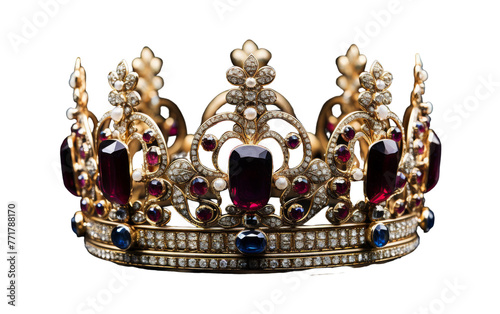 A gold crown adorned with vibrant red and blue stones