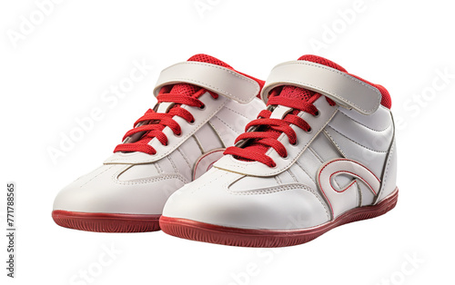 A pair of white shoes adorned with vibrant red laces, standing elegantly side by side