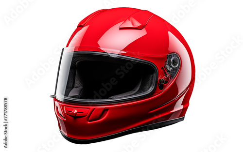 A vibrant red motorcycle helmet rests elegantly on a pristine white background photo