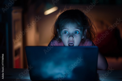 Scared child looking at a laptop screen. Internet safety concept.