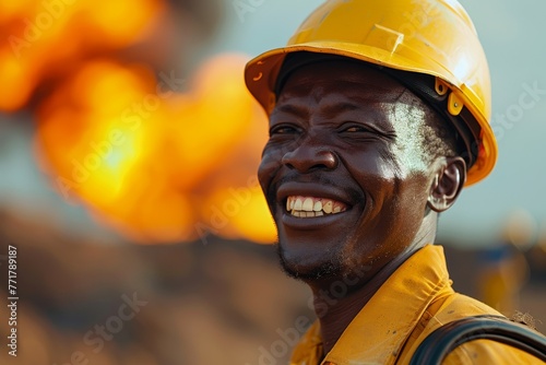 Portrait of a male African American worker at desert gas drilling site. Young confident smiling employee in bright signal uniform and safety hard hat standing near the gas rig. photo