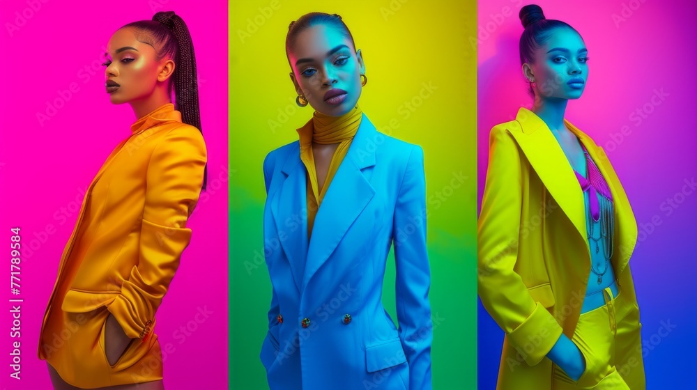 Three stylish women in trendy outfits posing confidently in an urban setting. Three diverse female models confidently showcase the latest fashion trends in chic, colorful suits. Three stylish women in trendy outfits posing confidently in an urban setting. Three diverse female models confidently showcase the latest fashion trends in chic, colorful suits.
