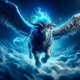 ai generative illustration of horned winged beast and blue flame