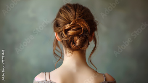  Rear view of young woman elegant bun hairstyle