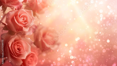 Roses with glitter bokeh background. Copy space.